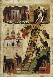 ""Die Himmelsleiter des heiligen Johannes Klimakos"" Sie stellt die Mönche dar, die den Gipfel der Leiter erreichen und diejenigen, die in die Hölle fallen - russische Ikone aus dem frühen 16. Jahrhundert Staatliches Russisches Museum, Sankt Petersburg
