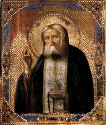 Darstellung des russischen Wundertäters Seraphim von Sarow (1759-1833) Ikone der russischen Schule des 19. Jahrhunderts. Paris, B.N.