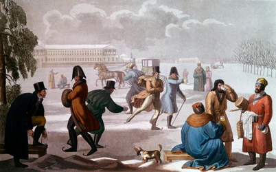 Schlittschuhläufer in Sankt Petersburg. Lithographie, Russische Schule