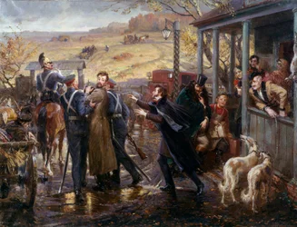 Der russische Dichter Alexander Puschkin (1799-1837) trifft seinen Dekabristen-Freund Kukhelbacker, der 1827 zum Bahnhof Zabaze abreist