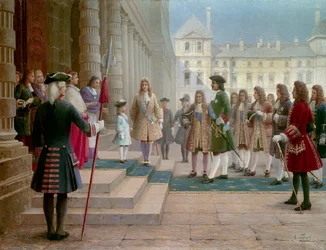 Zar Peter der Große (1672-1725) wird 1717 von Ludwig XV. als Kind in Versailles empfangen