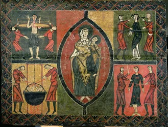 Altar mit Darstellung von St. Quirze und St. Julita mit vier begleitenden Szenen des Martyriums der Heiligen, Kirche Sant Quirze i Santa Julita, Durro