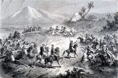 Ein Abenteuer, Reisende von Räubern angegriffen, Illustration aus 