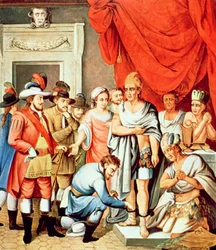 Hernan Cortes befiehlt, Montezuma Fesseln an die Knöchel zu legen