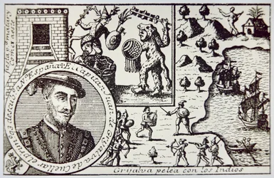Spanier unter Juan de Grijalva landen in Yucatan und kämpfen gegen Maya-Krieger in der Schlacht von Champoton, Mai 1518