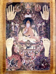 Blo Bzang Rgya ktso, der fünfte Dalai Lama, der berühmteste und bedeutendste in der Geschichte. Tibetische Thangka, Guimet Museum, Paris