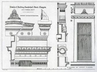 Architektonische Details der griechischen Kammern, 336-356 Sauchiehall Street, Glasgow, entworfen von Alexander Greek Thomson, 1869