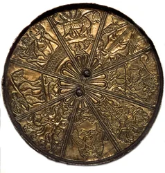 Skythische Kunst: Silberner Spiegel mit Goldüberzug aus dem Tumulus Nr. 4 von Kelermes, Region Krasnodar am Kuban in Russland (650-620), 7. Jahrhundert v. Chr. Sankt Petersburg, Eremitage