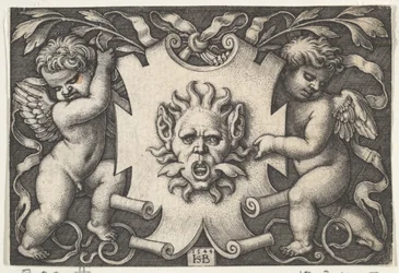 Eine Maske auf einem Wappenschild, unterstützt von zwei Genien, 1544