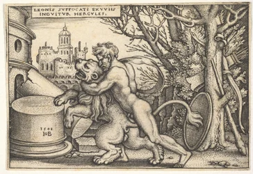 Herkules im Profil, der den nemeischen Löwen mit seinem Arm um den Hals tötet, aus 