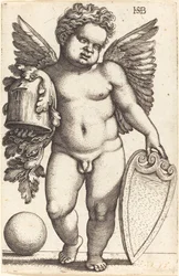 Männliches Genie, das ein Wappen hält