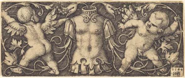 Ornament mit Rüstung und zwei Genien
