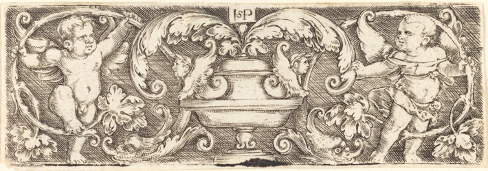 Ornament mit einer Vase zwischen zwei Genien