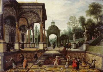 Italienischer Garten mit Galerie und Figuren, erstes Drittel des 17. Jahrhunderts