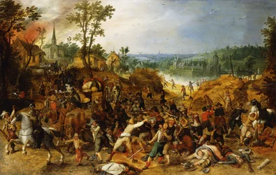 Landschaft mit Marodeuren, die einen Wagenzug angreifen und ein Dorf plündern