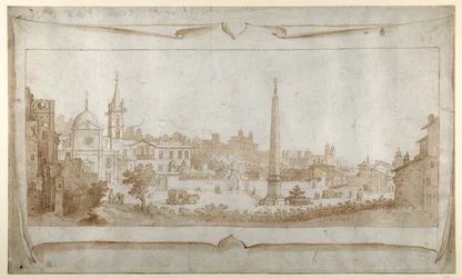 Entwurf für ein Frontispiz mit Blick auf Rom innerhalb der Porta del Popolo und Blick auf den Pincio