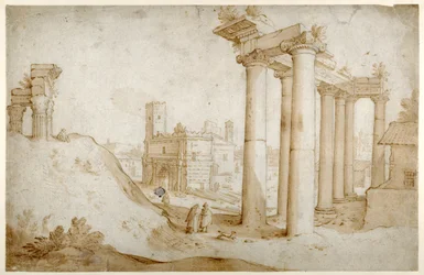 Das Forum Romanum mit dem Tempel des Titus und Vespasian, dem Tempel des Saturn und dem Bogen des Septimius Severus