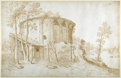 Der Tempel der Vesta im Forum Boarium, von Norden gesehen, der Tiber rechts, ca. 1650 (Feder & Tinte mit Waschung auf Papier)