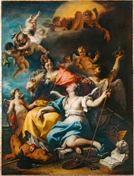 Allegorie Frankreichs in der Gestalt der Minerva, die die Unwissenheit mit Füßen tritt und die Tugend krönt