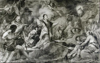 St. Clemens ruft das Lamm Gottes an, um Wasser aus einem Felsen in der Krim zu erzeugen