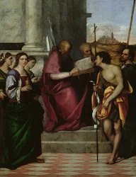 Der hl. Johannes Chrysostomos mit den hl. Paulus, Liberalis, Johannes dem Täufer, Cäcilia, Katharina und Maria Magdalena, 1509