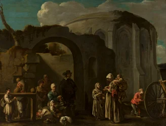 Bettlerfamilie inmitten von Ruinen