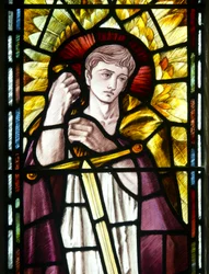 Mortehoe, St Mary, Heaton Butler & Bayne, Selwyn Image, Erzengel St. Michael (Detail)