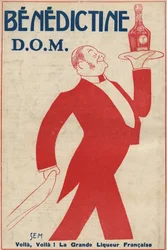 Werbung für den Digestif (Likör) „Benedictine“ (D.O.M.) Ein Kellner trägt eine Flasche auf einem Tablett. Zeichnung von Sem (1873-1932). 1911.