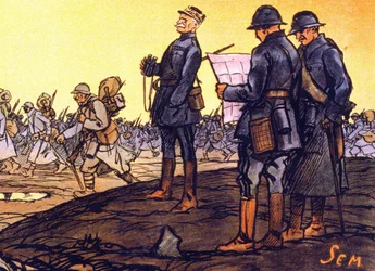 General Ferdinand Foch (1851 - 1929) beobachtet seine Truppen, die über das Schlachtfeld marschieren. Detail eines Plakats für das nationale Darlehen „Für die letzte Viertelstunde... hilf mir! Nationale Darlehensabonnements werden von Sem entgegengenommen