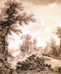 Ansicht des Konnetabel-Obelisken in Gattschina, graviert von Ivan Dmitrievich Telegin, ca. 1800 (Radierung mit Gravur)