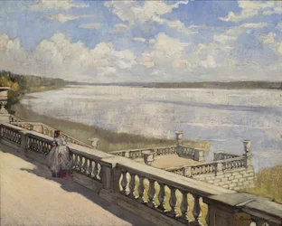 Sonniger Tag. Eine Dame an der Balustrade