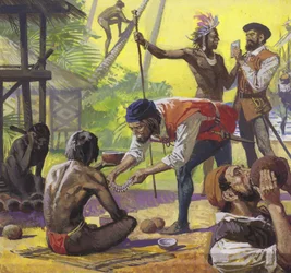 Magellans Männer treffen freundliche Einheimische auf den Philippinen und handeln mit Lebensmitteln