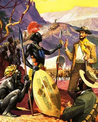 Unidentifizierte afrikanische Siedler treffen die Einheimischen