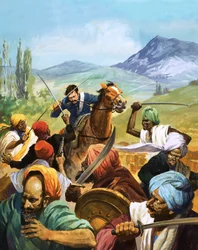 Unidentifizierter Kavallerist greift Indianer an