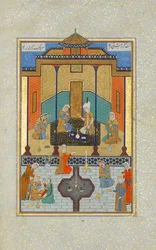 Bahram Gur im Sandalpalast am Donnerstag, Folio 230 aus einem Khamsa..., A.H. 931A.D. 1524-25
