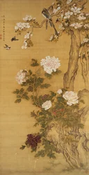 Pfingstrosen, Vögel und Magnolienbaum, Hängende Rolle, Qing-Dynastie