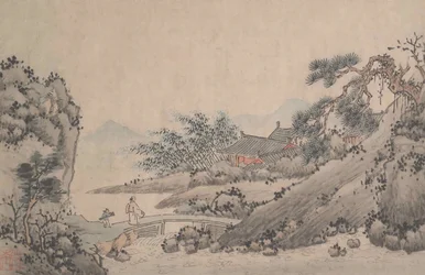 Landschaft mit Mann, der eine Brücke überquert