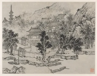 Zwölf Ansichten des Tigerhügels, Suzhou: Ferne Ansicht des Tigerhügels vom Kanal, nach 1490