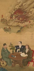 Hängende Schriftrolle, die ein Treffen von Japan, China und dem Westen darstellt