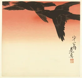 Krähen gegen einen roten Himmel