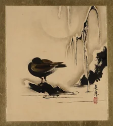 Lackmalereien verschiedener Motive: Vogel und Weide im Schnee, 1882