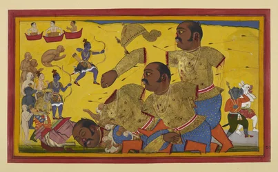 Kumbhakarṇa wird von Rāma getötet; Verbündete jubeln, während Vibhīṣaṇa trauert