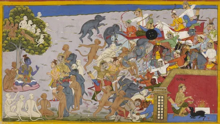 Rama schickt Lakshmana und Bibhishanas Armee gegen Indrajit, der opfert, um Unsichtbarkeit zu erlangen