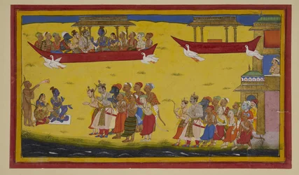 Vibhishana begleitet Ramas Rückkehr nach Ayodhya im Pushpaka