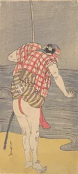 Der Schauspieler Otani Hiroemon III als Mann, bereit ins Meer zu waten mit gezogenem Schwert