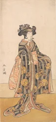 Yoshizawa Iroha als Frau Tomoe Gozen am Ufer stehend, 1774 oder 1775