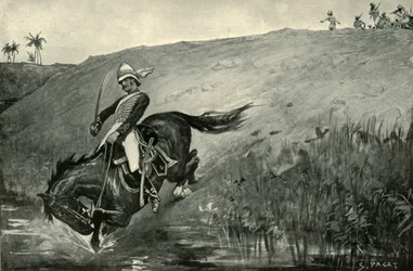 Knappes Entkommen von Leutnant Roberts, verfolgt von Einheimischen nahe Lucknow, 1901