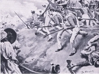 Die Schlacht von Dubba, 24. März 1843, Illustration aus British Battles on Land and Sea, 1915