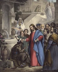 Jesus gibt einem Blindgeborenen das Augenlicht (Farblithografie)