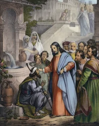 Jesus heilt einen Blindgeborenen (kolorierte Gravur)